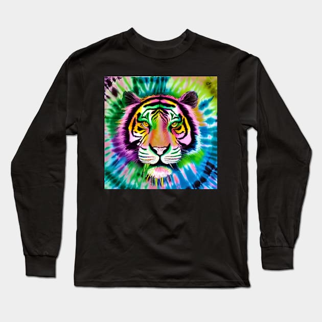 Tie-Dye Tiger Head Painting Long Sleeve T-Shirt by KayBee Gift Shop